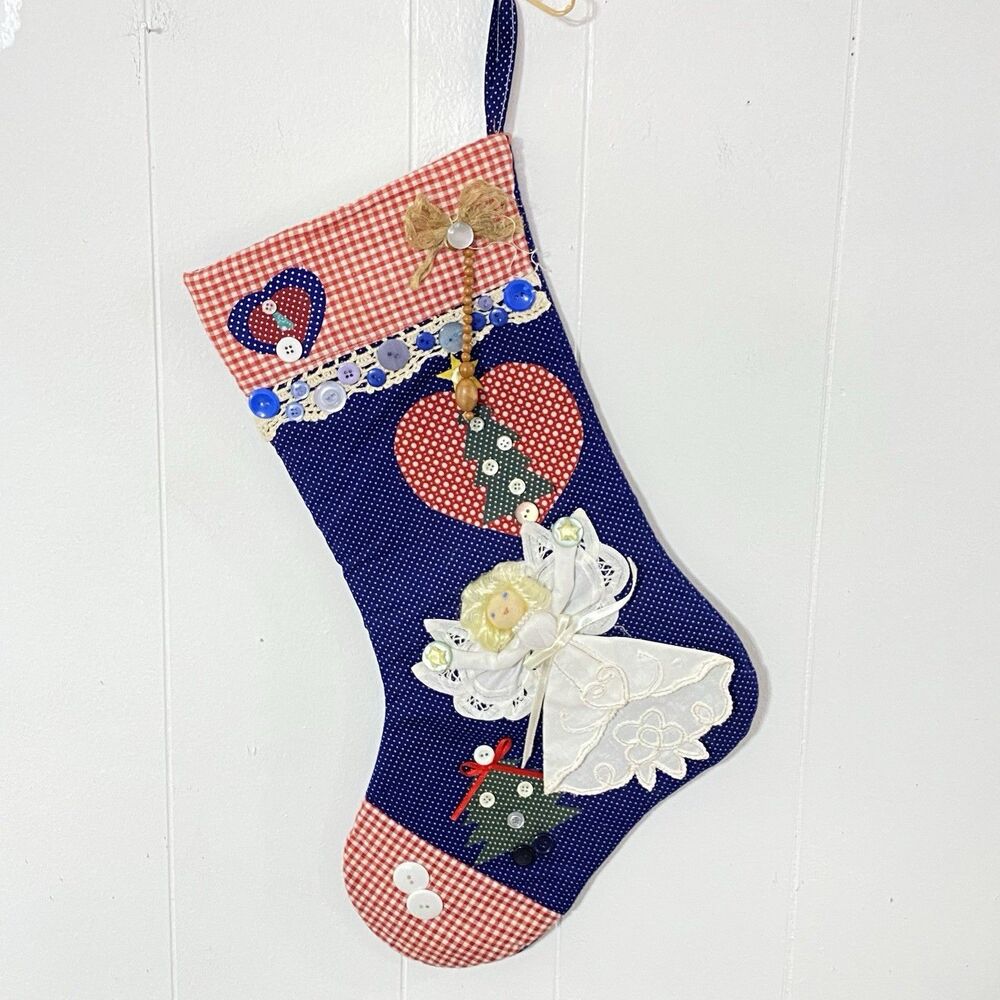 19" Country ANGEL Battenberg Lace COTTAGECORE Christmas Stocking BUTTONS Dots